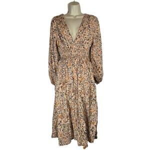 Old Navy Smocked Floral Plunge Midi Dress Fall Cotton Blend Peasant Large